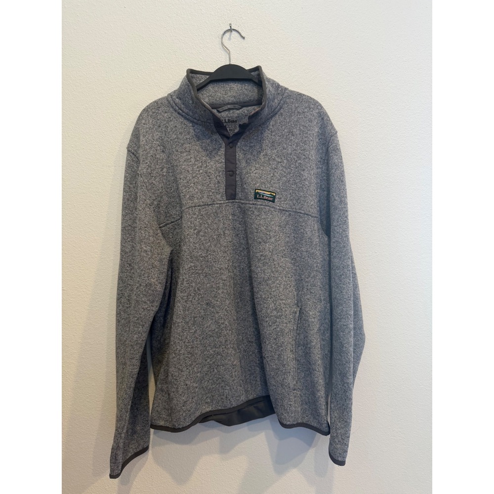 LL Bean Mens Sweater Fleece Pullover Gray Heather Snap Neck XL REG 298040